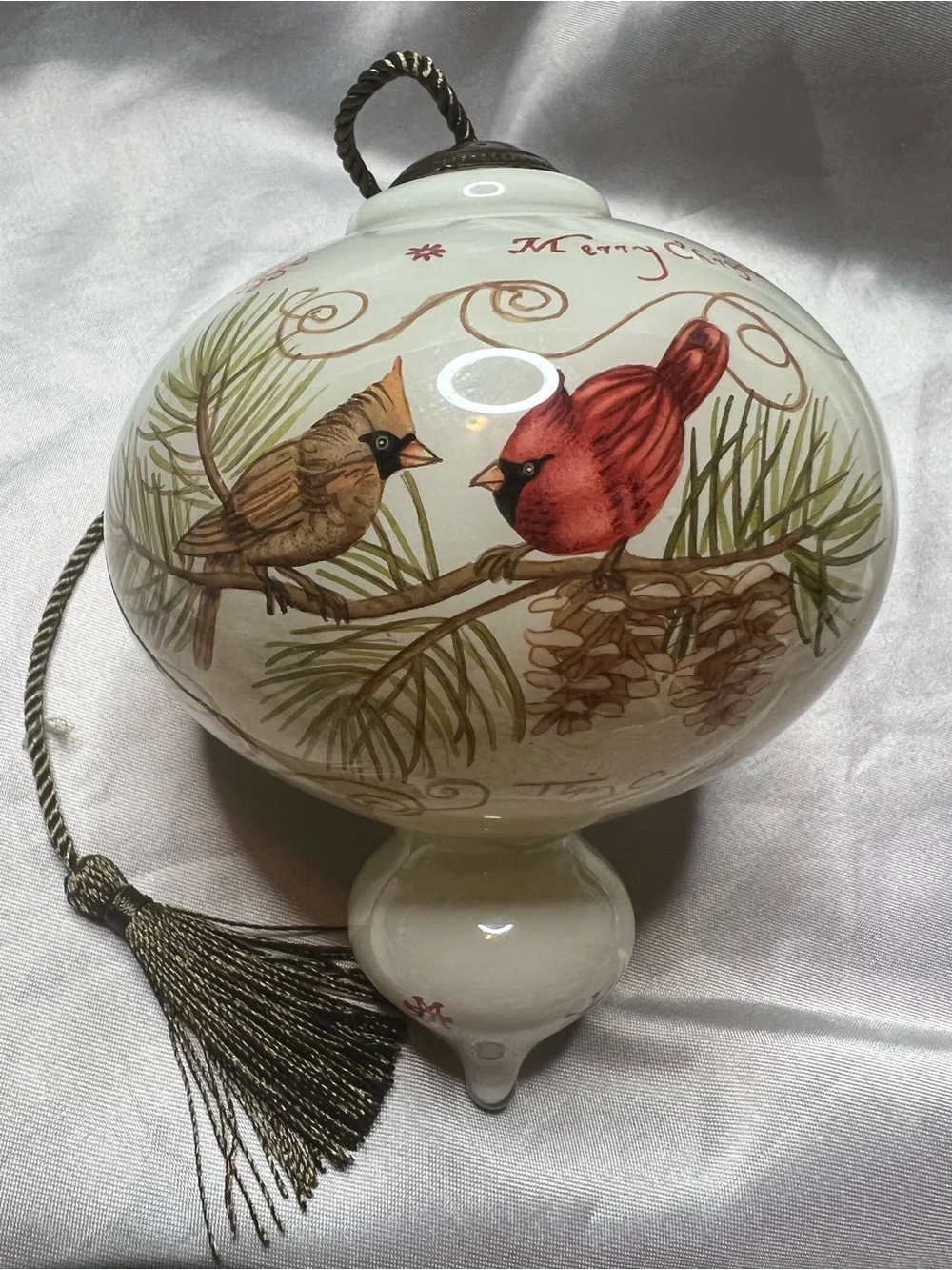 Tim Coffey Ne’Qwa Reverse PaintChristmas Cardinal Glass Ornament - Red and Brown